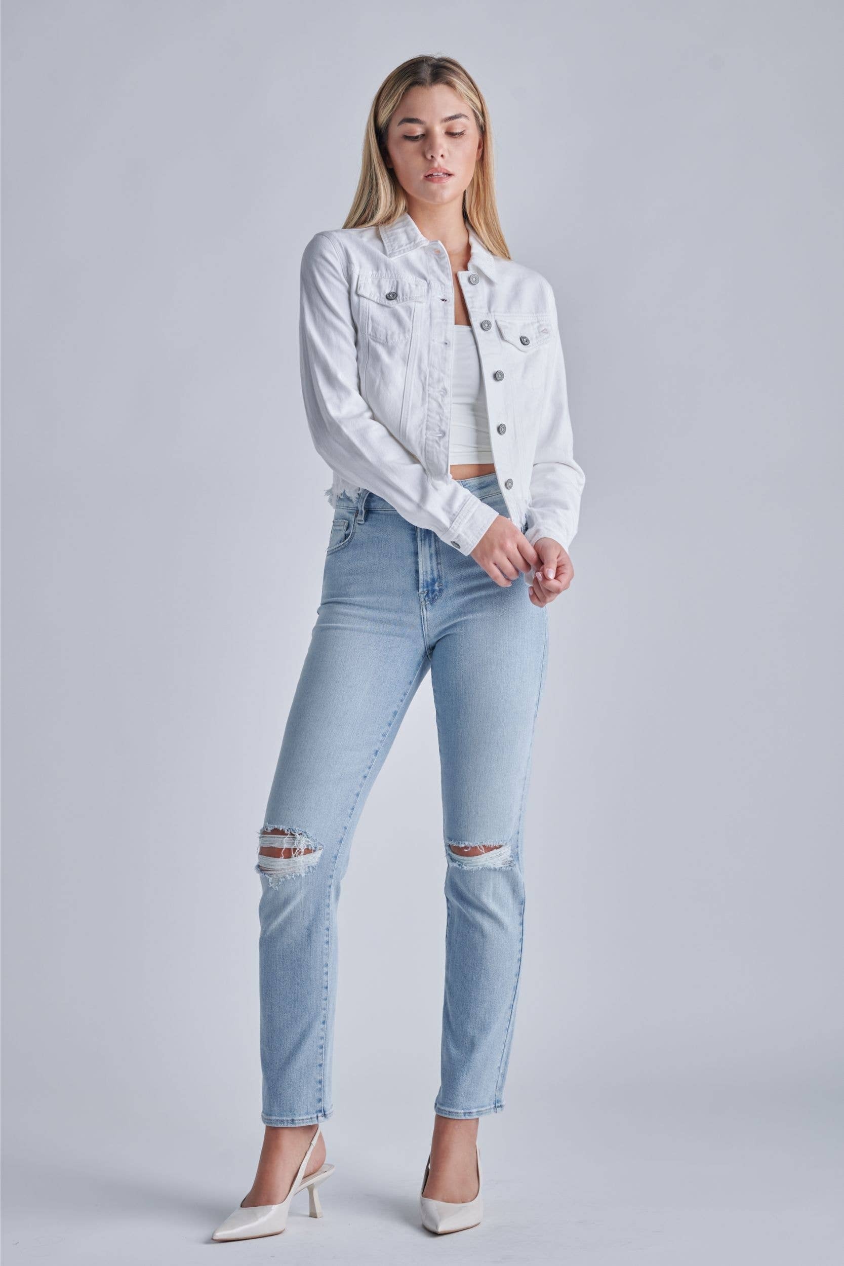 Hidden Jeans White Cropped Fitted Frayed Jacket L Forea